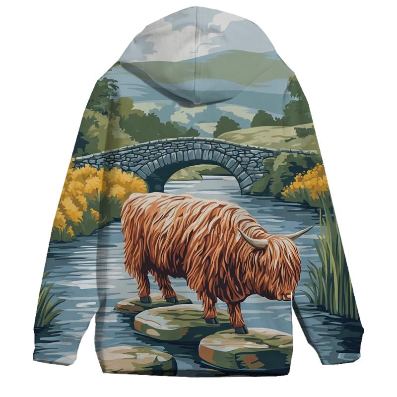 Highland Cow River Stone Crossing hoodies fashion