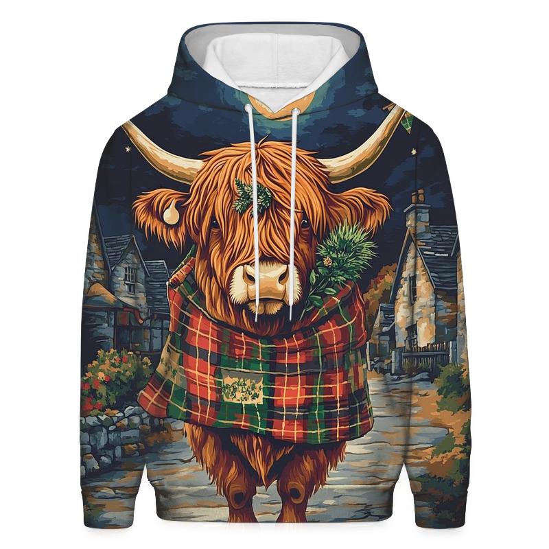 Moonlit Tartan Parade Highland Cow lightweight hoodies