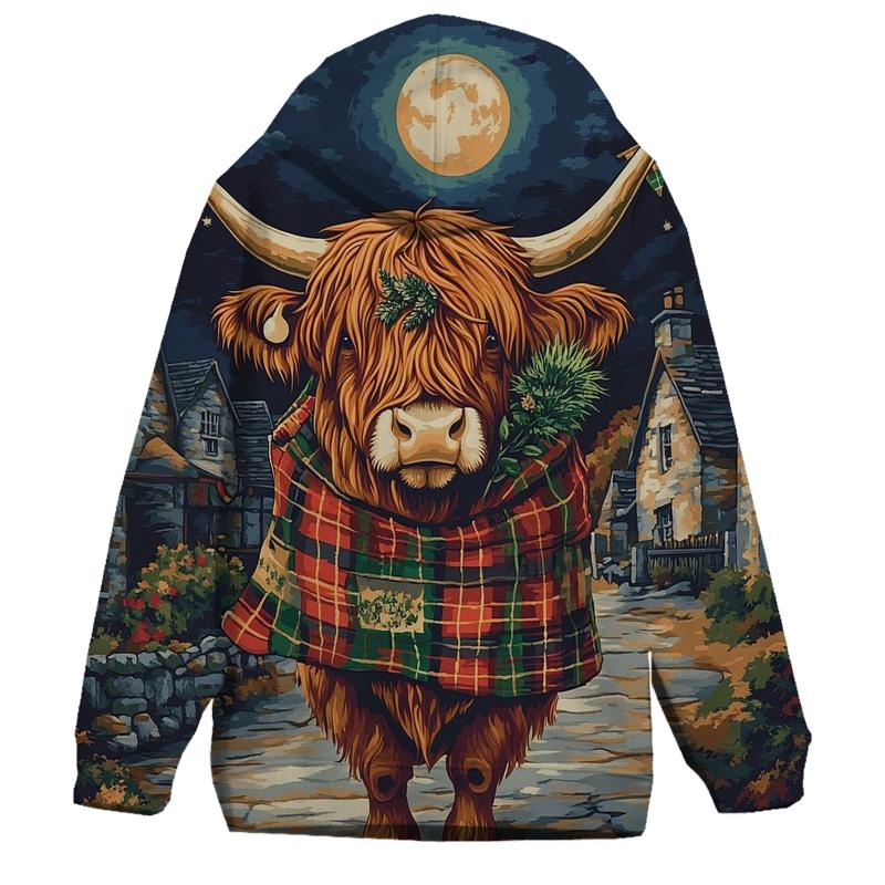 Moonlit Tartan Parade Highland Cow lightweight hoodies