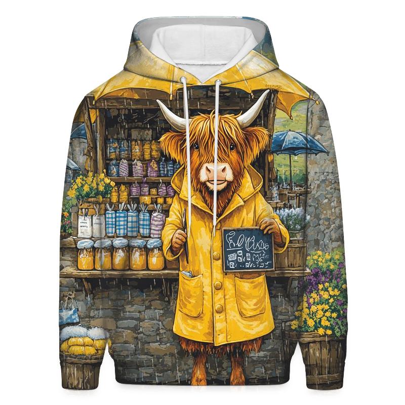 Raincoat Highland Cow At Market Stall custom hoodies