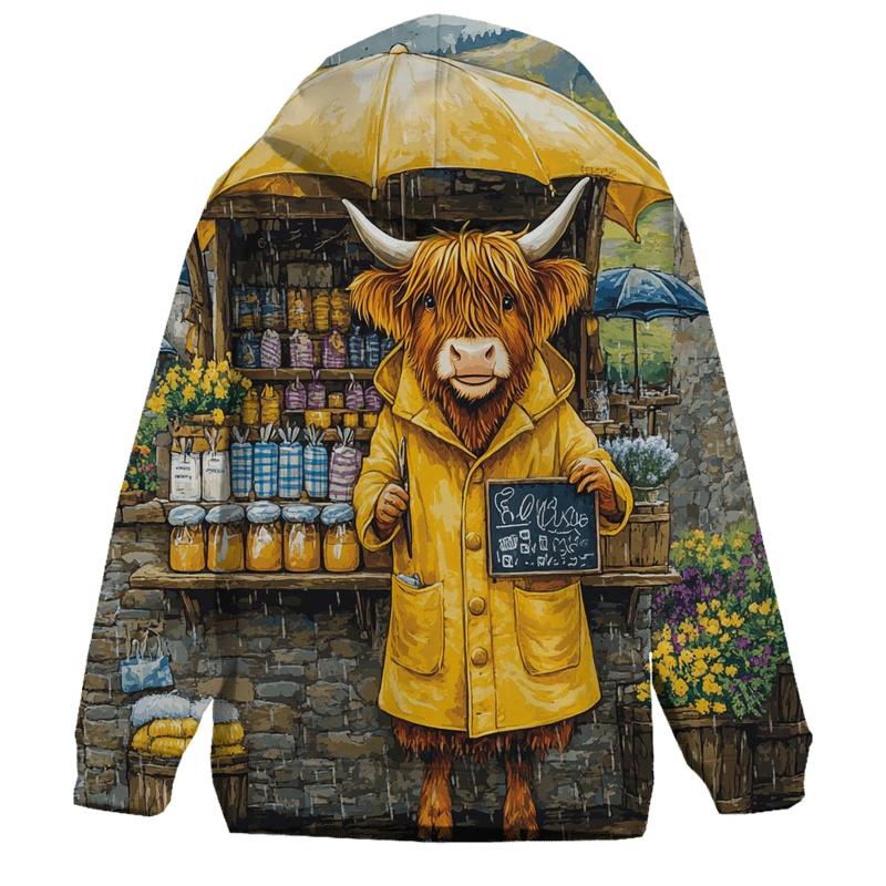 Raincoat Highland Cow At Market Stall custom hoodies