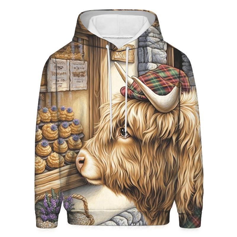 Highland Cow Thistle Bakery Window printed hoodies