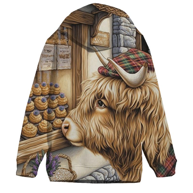 Highland Cow Thistle Bakery Window printed hoodies