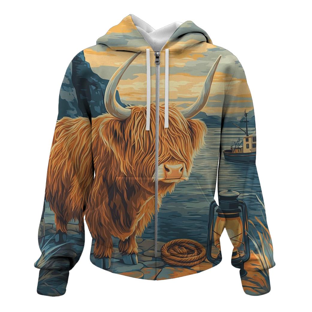 Harbor Lantern Highland Cow premium hoodies