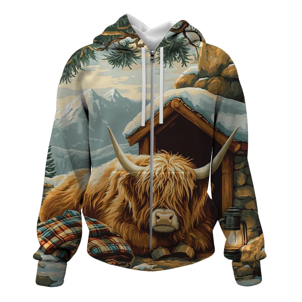 Highland Cow In Winter Bothy Glow premium hoodies