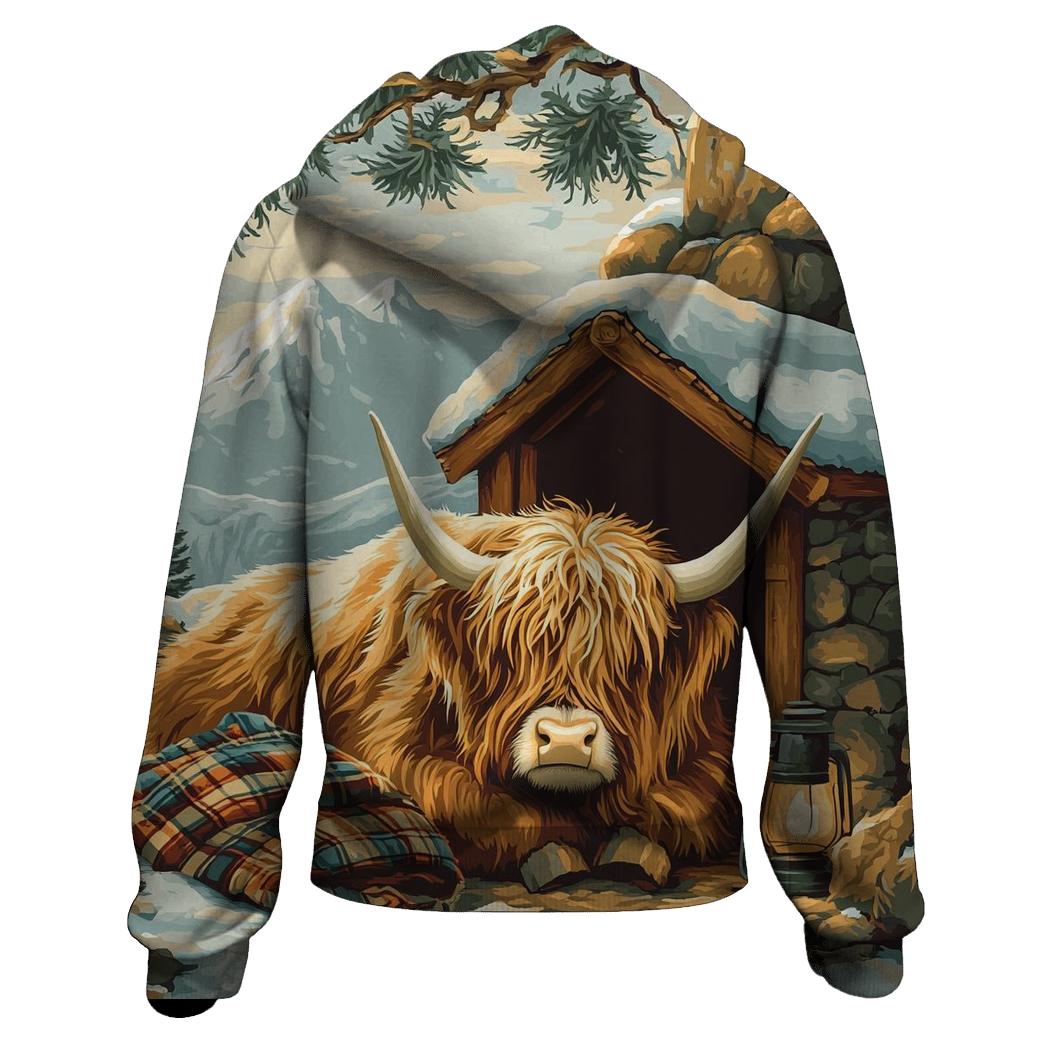 Highland Cow In Winter Bothy Glow premium hoodies