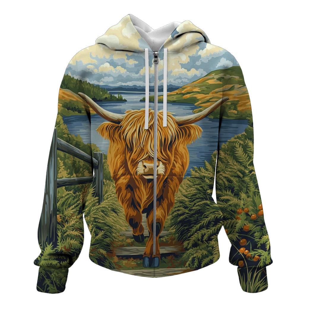 Bracken Trail Highland Cow Postcard hoodie styles