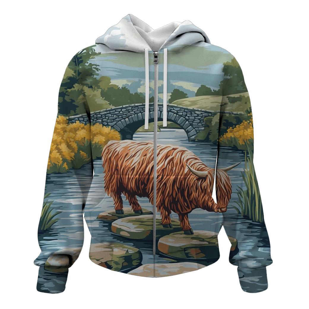 Highland Cow River Stone Crossing embroidered hoodies