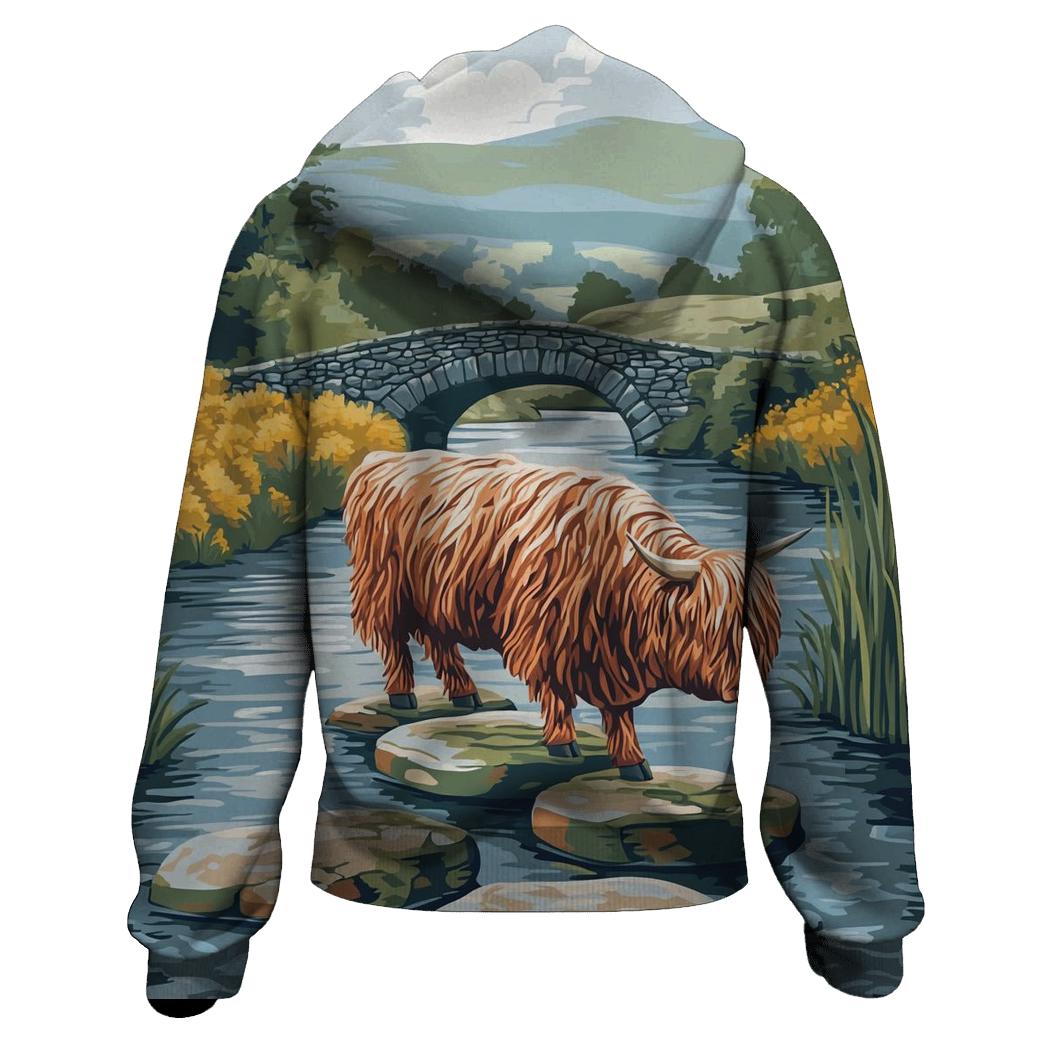Highland Cow River Stone Crossing embroidered hoodies