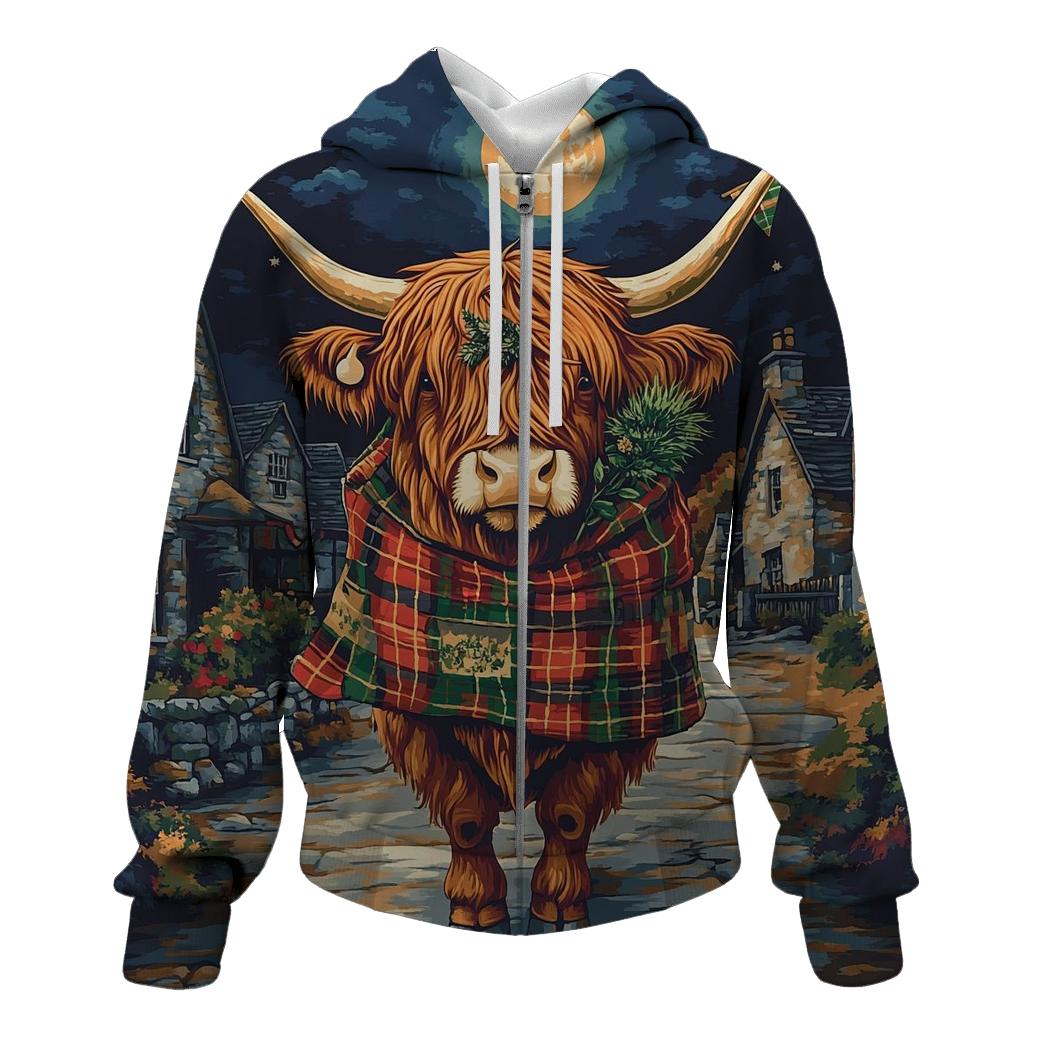 Moonlit Tartan Parade Highland Cow hoodie trends