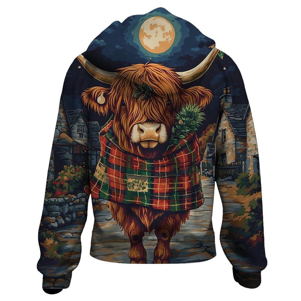 Moonlit Tartan Parade Highland Cow hoodie trends