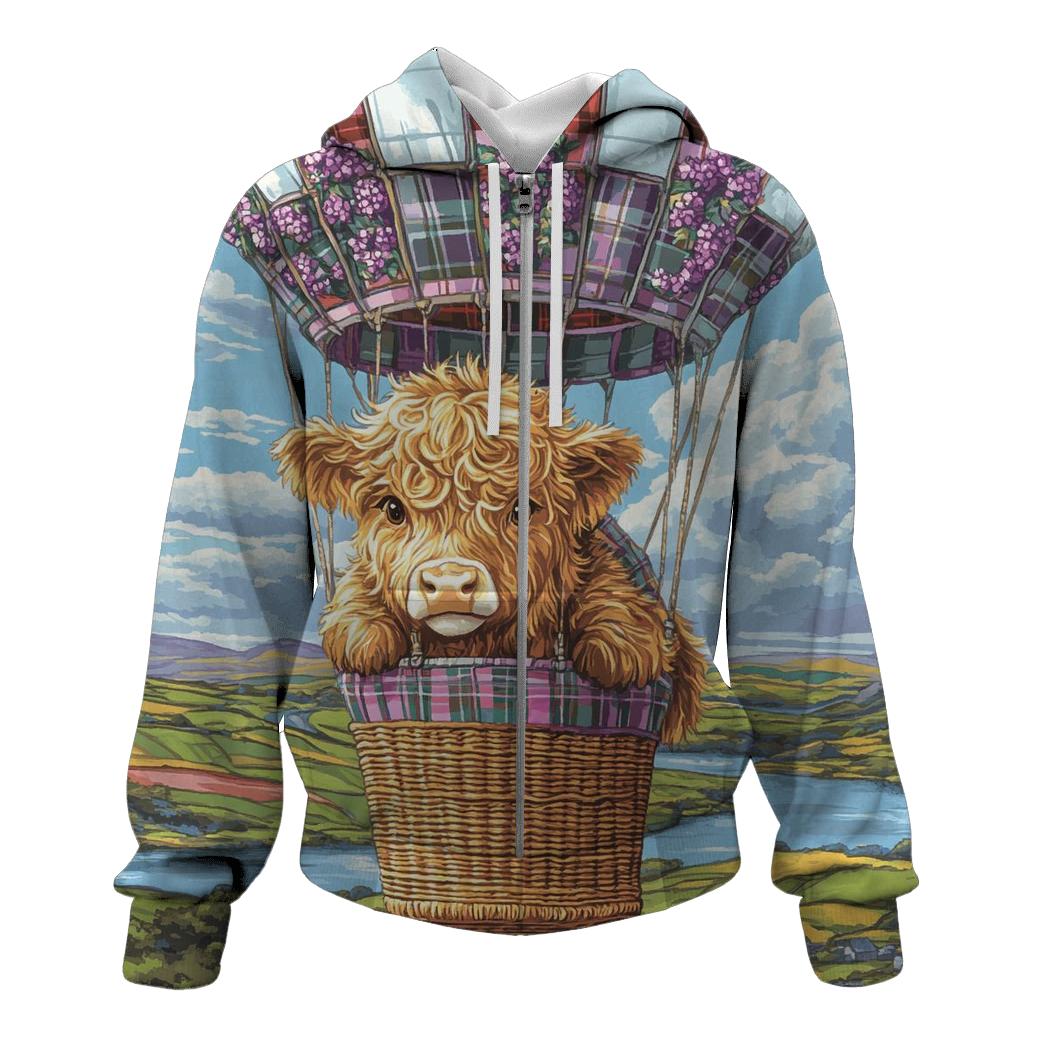 Heather Balloon Ride Highland Cow hoodie styles