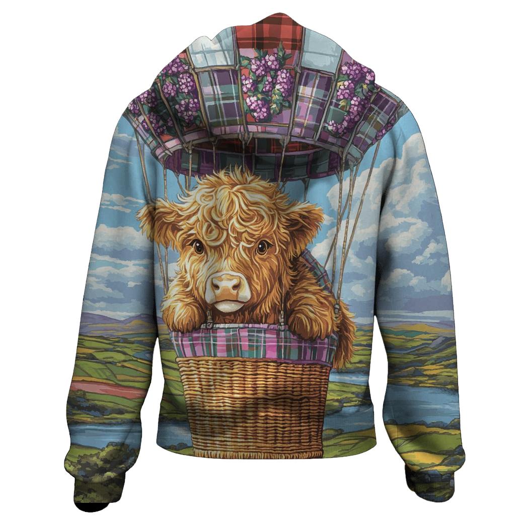 Heather Balloon Ride Highland Cow hoodie styles