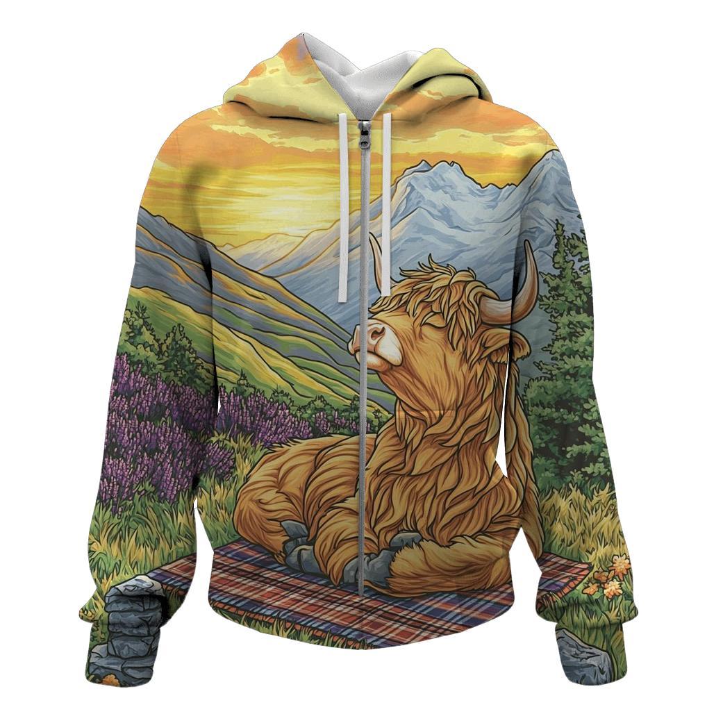 Highland Cow Sunrise Ridge Yoga premium hoodies