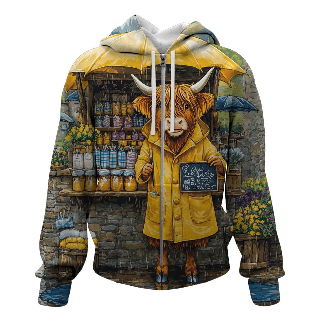 Raincoat Highland Cow At Market Stall custom hoodies