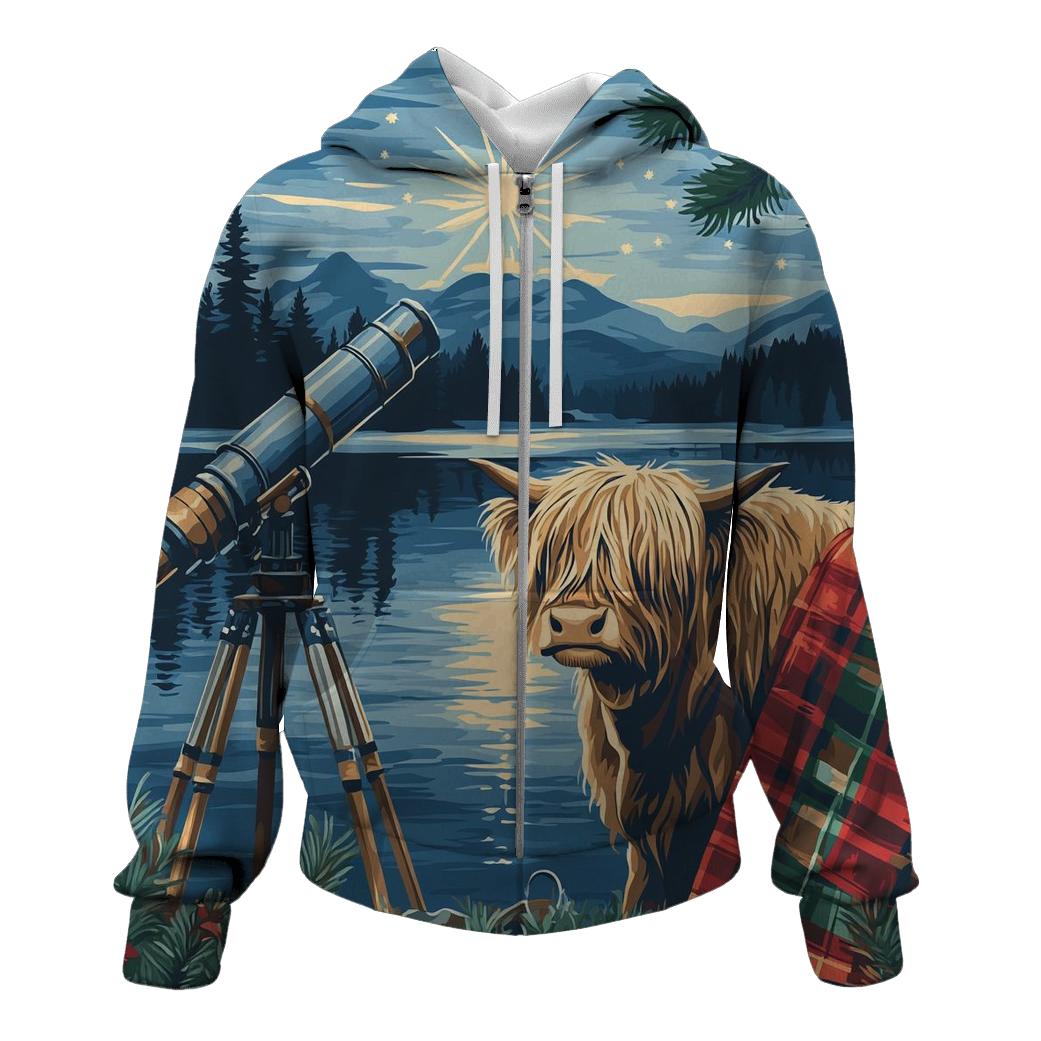 Highland Cow Lochside Telescope Night designer hoodies