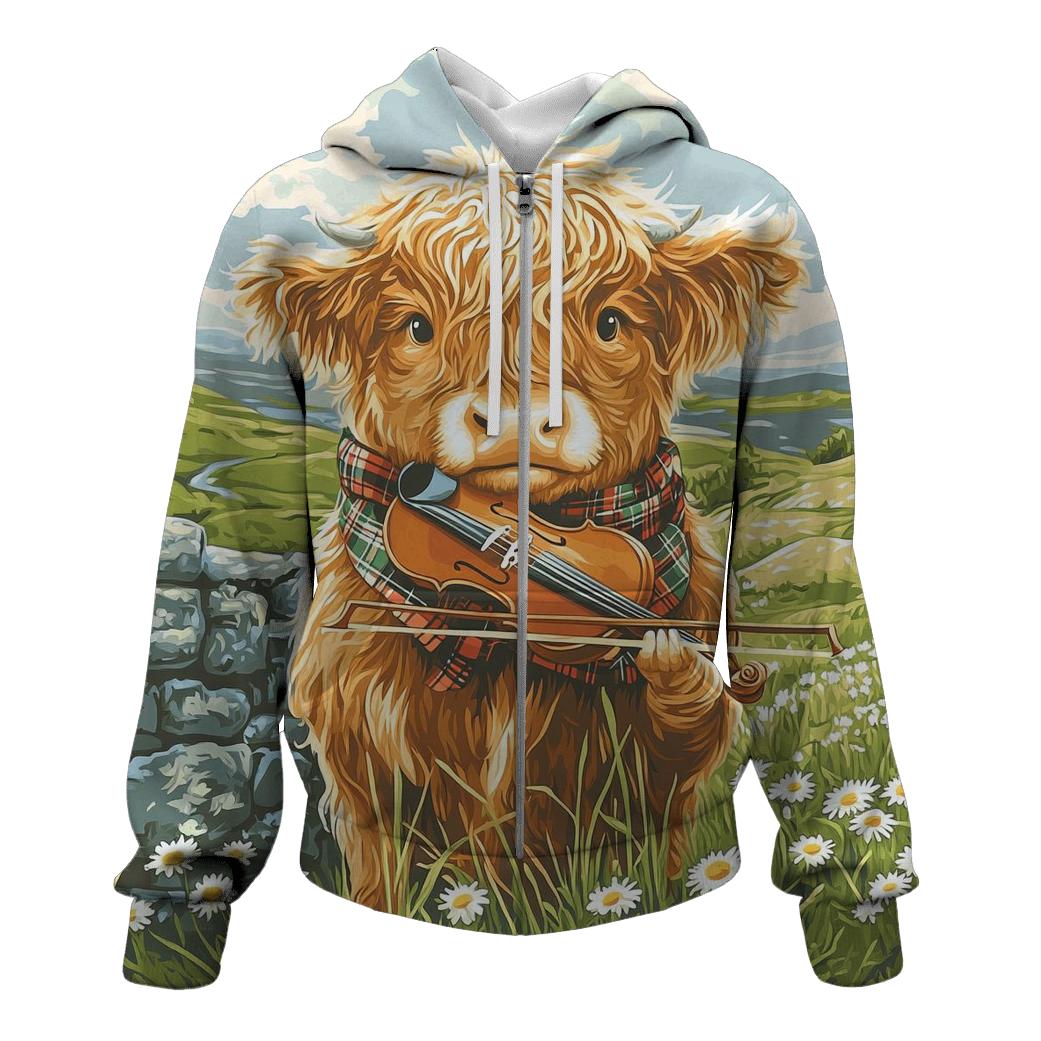 Highland Cow Violin Practice Meadow hoodie trends