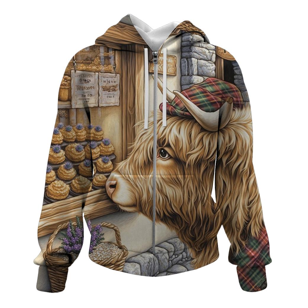 Highland Cow Thistle Bakery Window premium hoodies