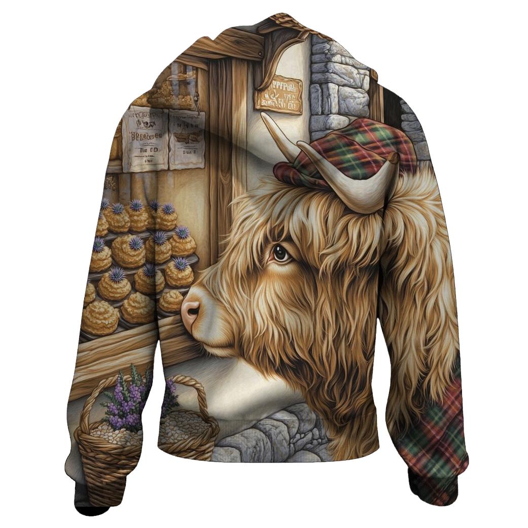 Highland Cow Thistle Bakery Window premium hoodies