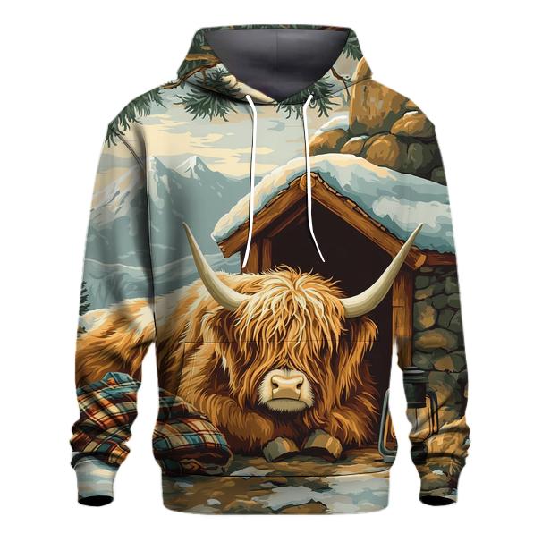 Highland Cow In Winter Bothy Glow designer hoodies