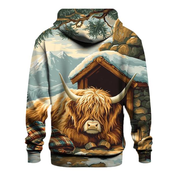 Highland Cow In Winter Bothy Glow designer hoodies
