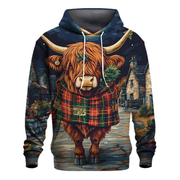 Moonlit Tartan Parade Highland Cow pullover hoodies