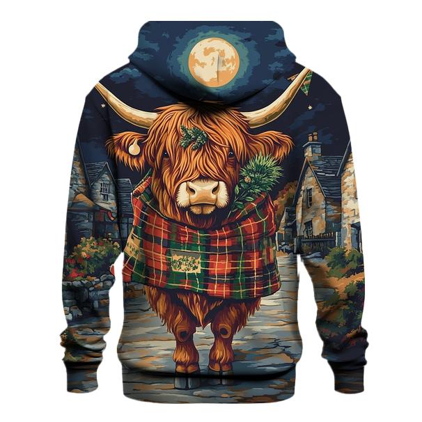 Moonlit Tartan Parade Highland Cow pullover hoodies