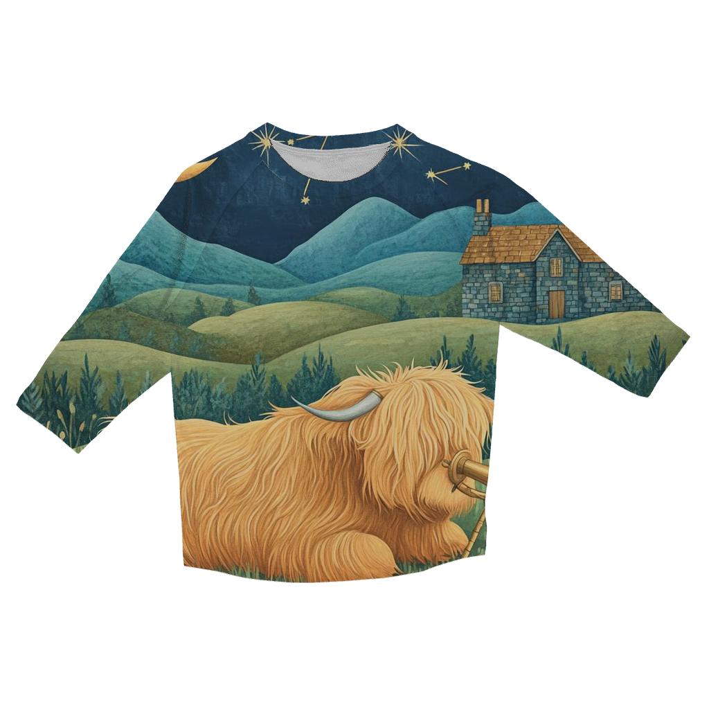 Stargazing Highland Cow Over The Moonlit Glen printed three quarter sleeve shirts