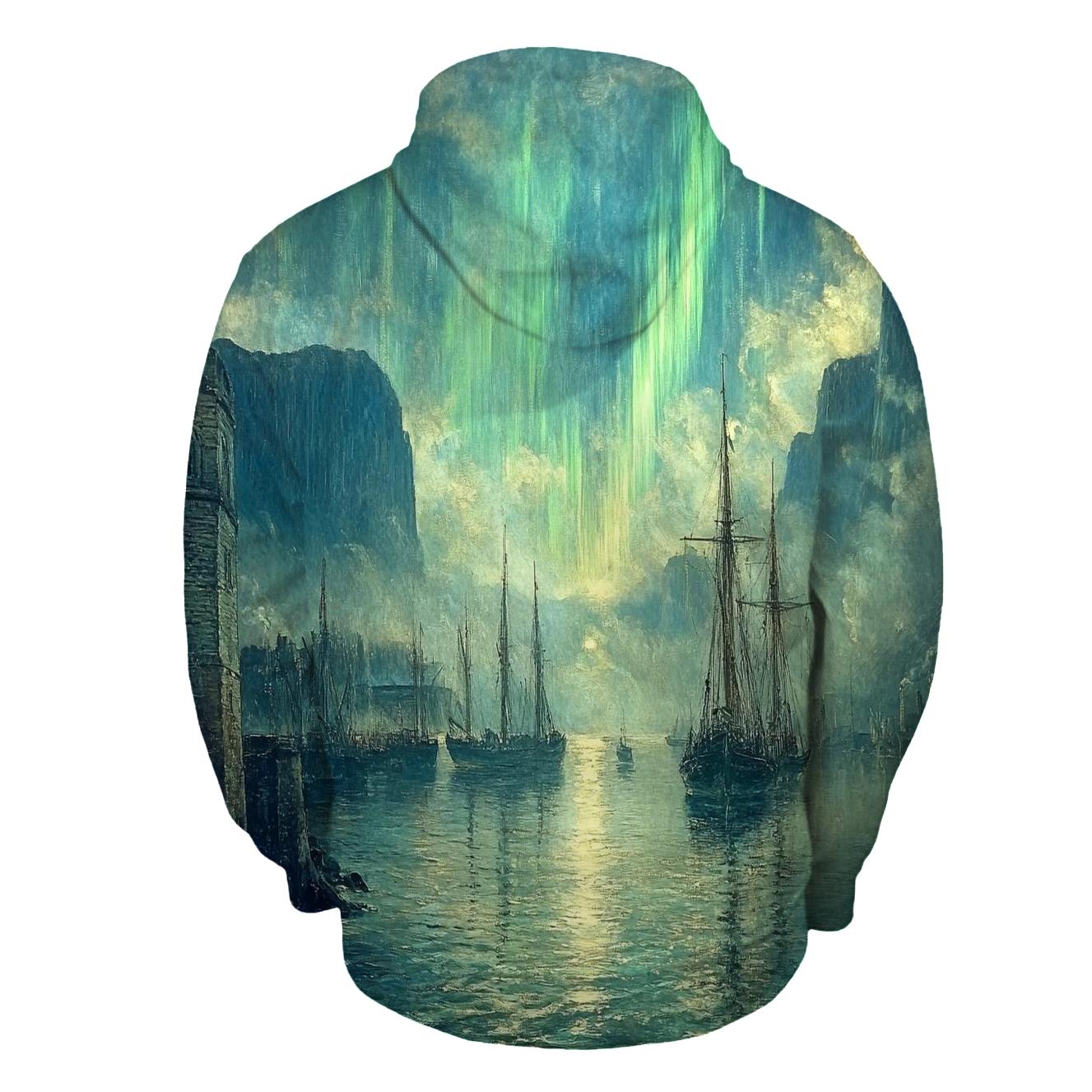 J M W Turner Inspired Aurora Over Ancient Harbor heavyweight hoodies