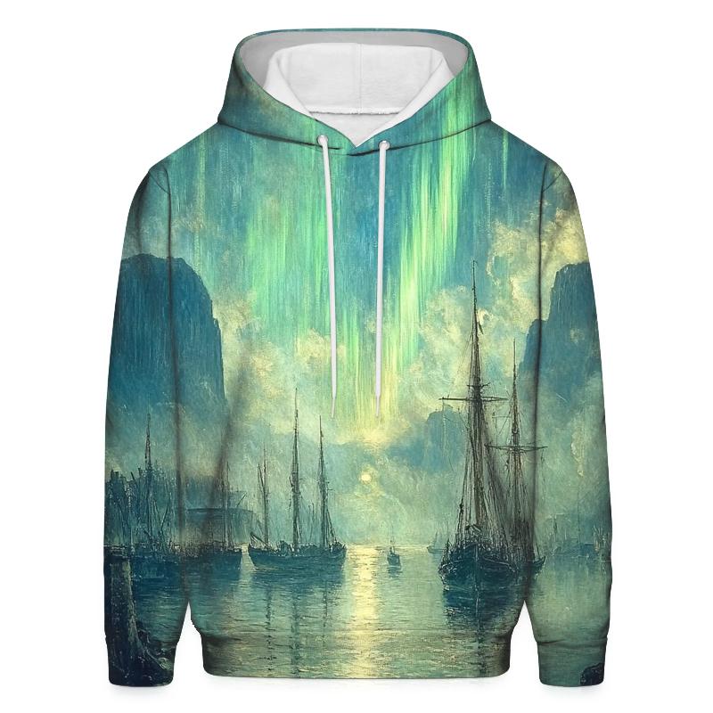 J M W Turner Inspired Aurora Over Ancient Harbor embroidered hoodies