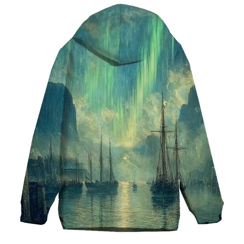 J M W Turner Inspired Aurora Over Ancient Harbor embroidered hoodies