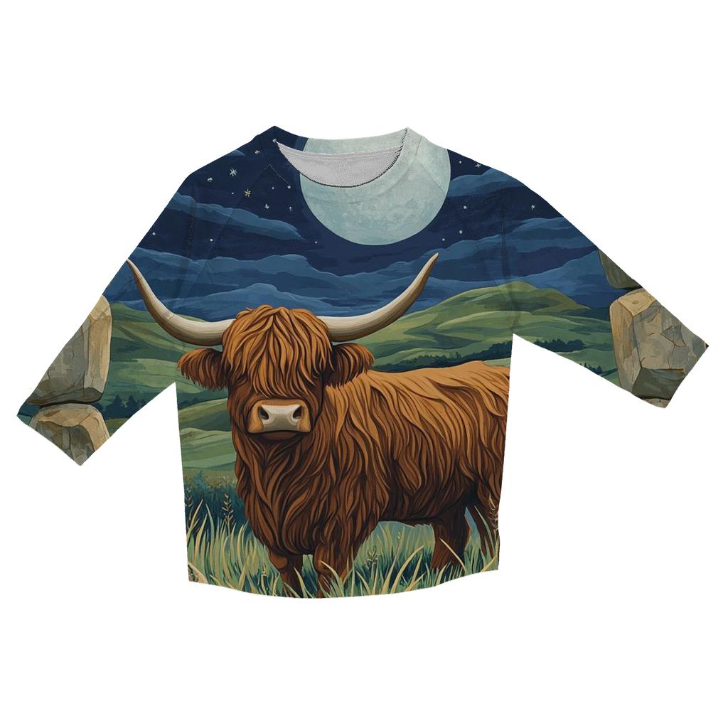 Moonlit Stone Circle Highland Cow Watcher printed three quarter sleeve shirts