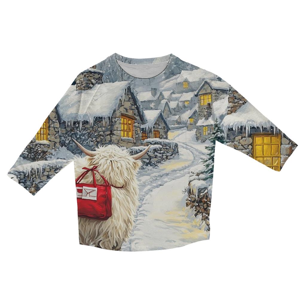 Snowy Village Highland Cow Postie stylish quarter sleeve tops