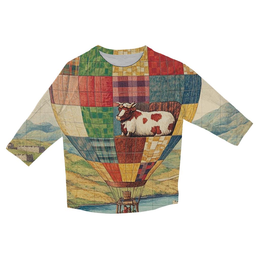 Highland Cow In The Heather Hot Air Balloon trendy 3/4 sleeve tops