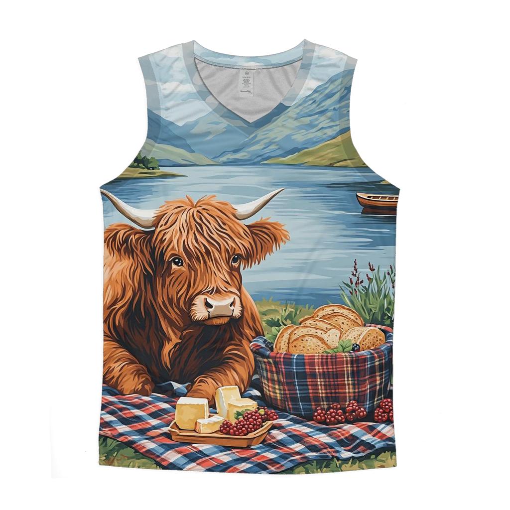 Lochside Picnic With Highland Cow Friend sports performance tank tops