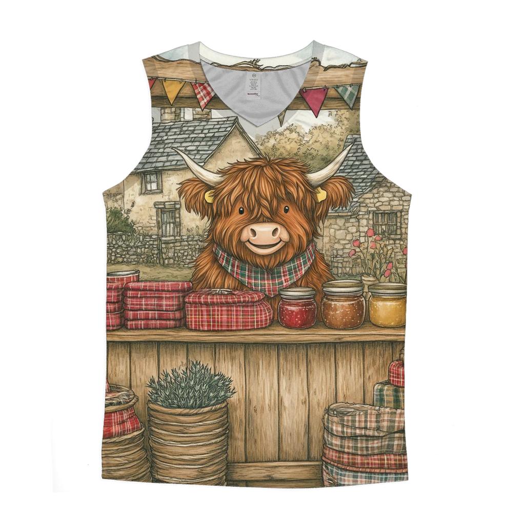 Tartan Market Day With Highland Cow Vendor trendy fitted tank tops