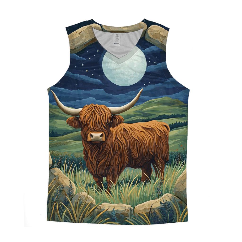 Moonlit Stone Circle Highland Cow Watcher trendy fitted tank tops