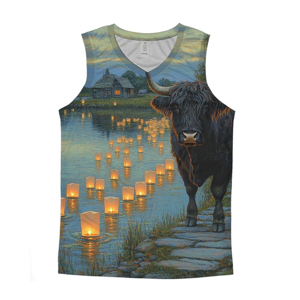 Highland Cow Keeper Of The Loch Lights graphic print tank tops