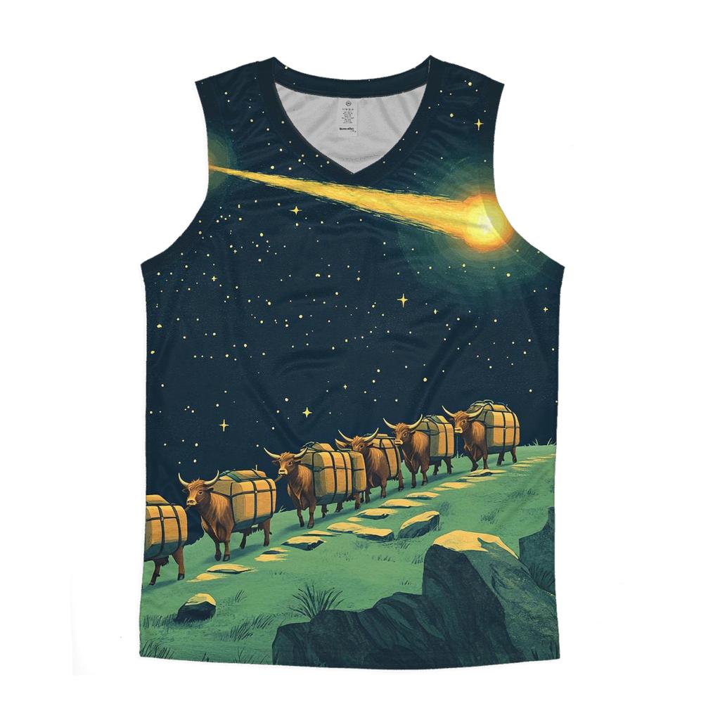 Comet Crossing With Highland Cow Caravan graphic print tank tops