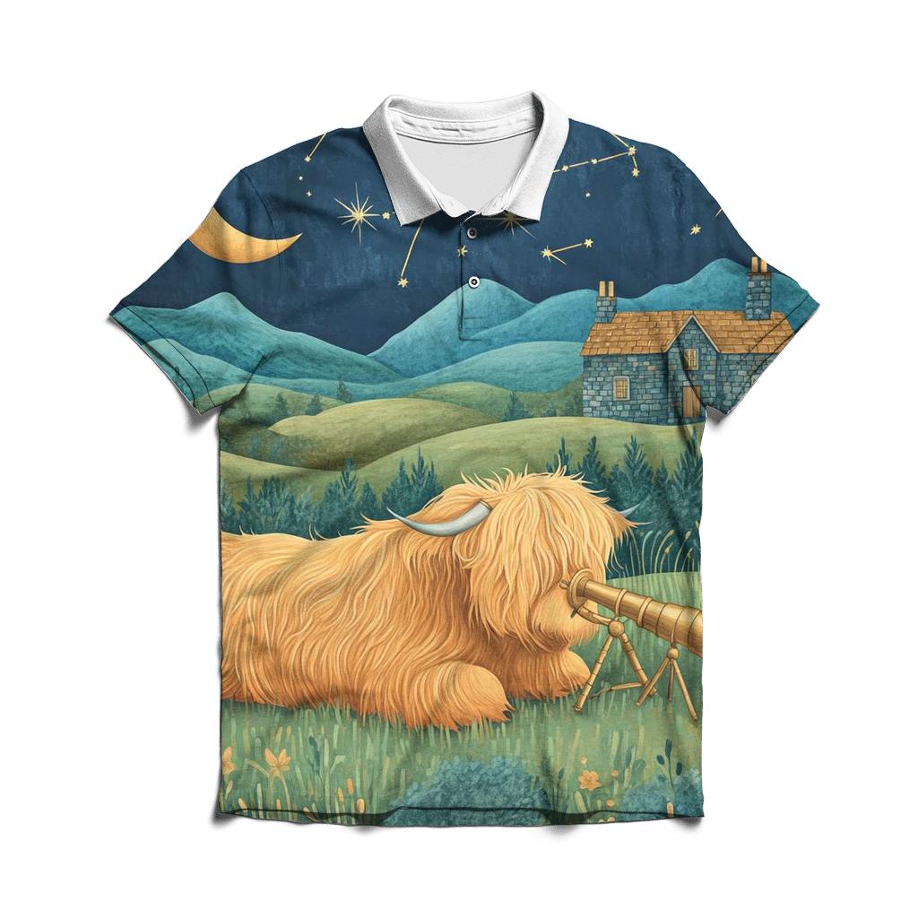 Stargazing Highland Cow Over The Moonlit Glen branded logo polo shirts