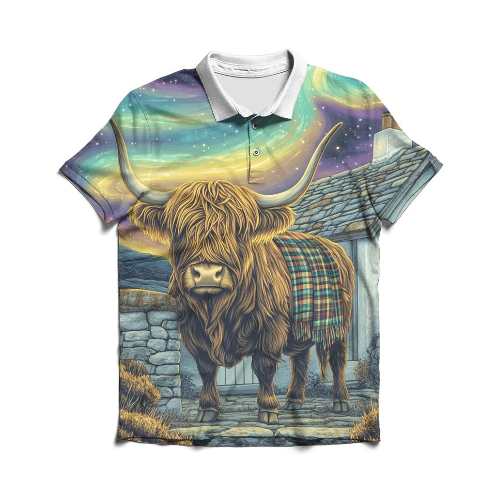 Celestial Bothy With Highland Cow Guardian stylish collar polo tees