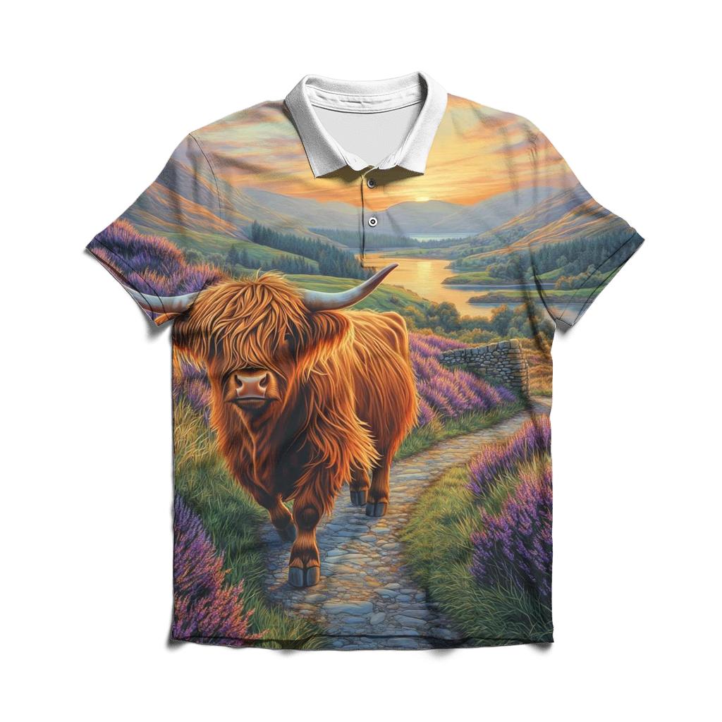 Morning Heather Path For A Highland Cow Wanderer embroidered polo tops