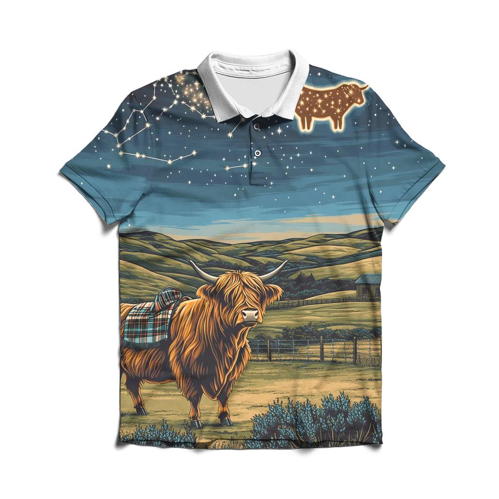 Highland Cow Constellation Over Crofters Field casual sports polo shirts