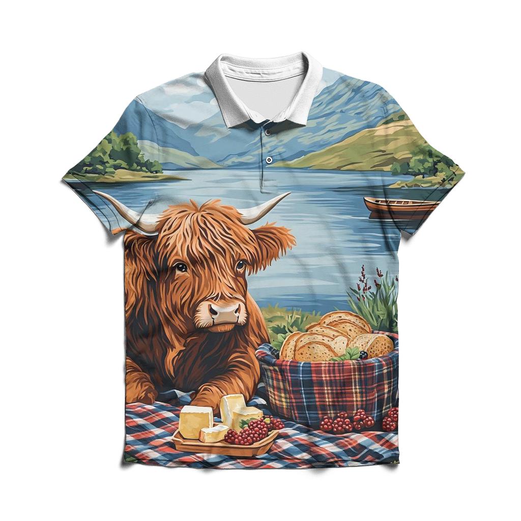 Lochside Picnic With Highland Cow Friend stylish collar polo tees