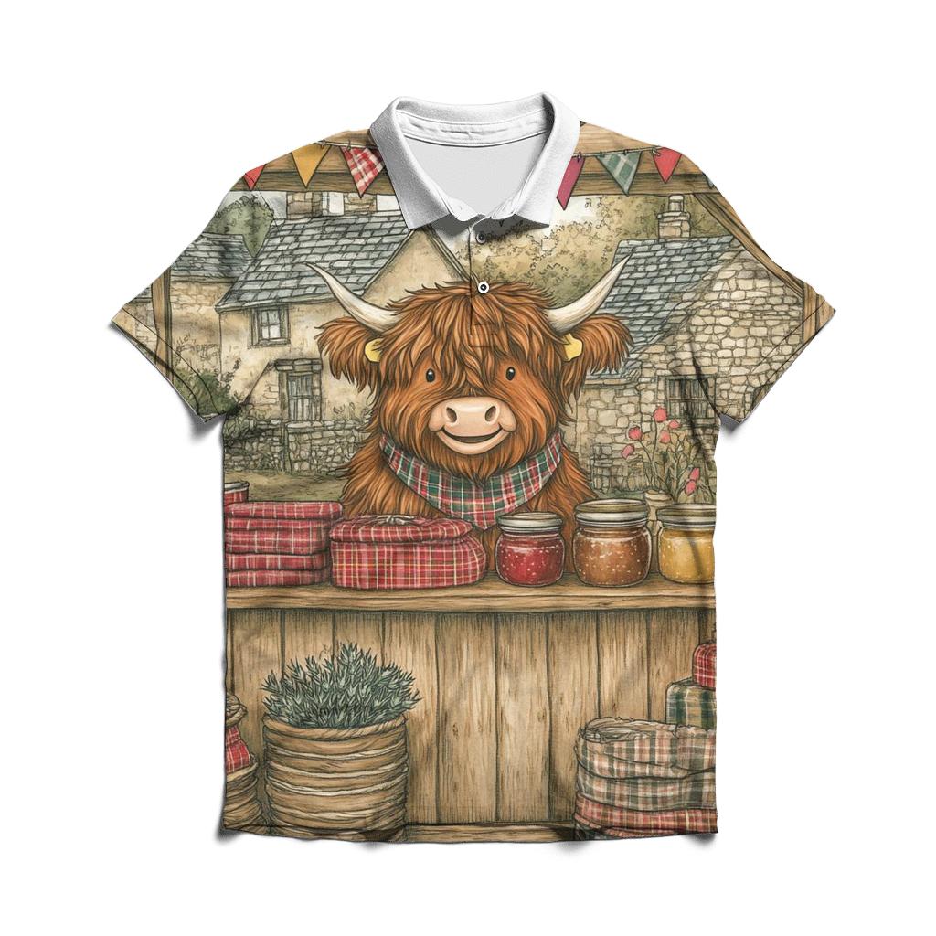 Tartan Market Day With Highland Cow Vendor designer slim fit polos