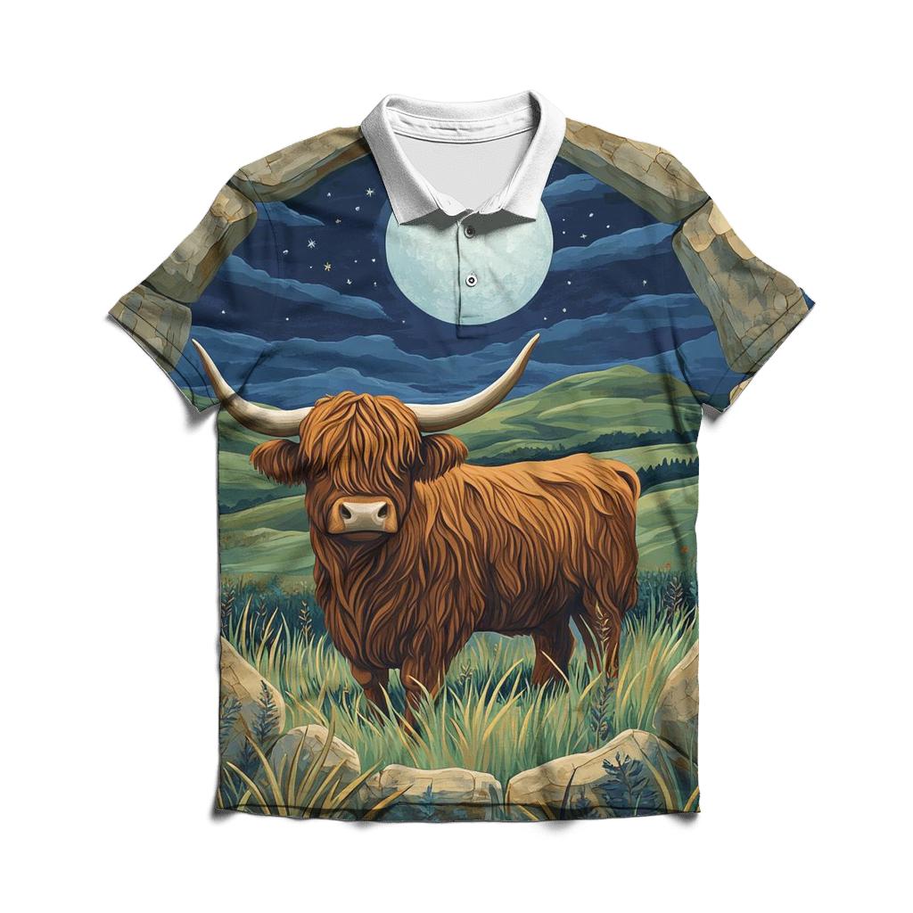 Moonlit Stone Circle Highland Cow Watcher casual sports polo shirts