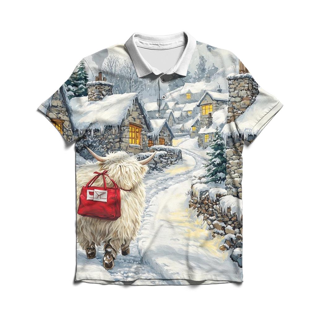 Snowy Village Highland Cow Postie casual sports polo shirts