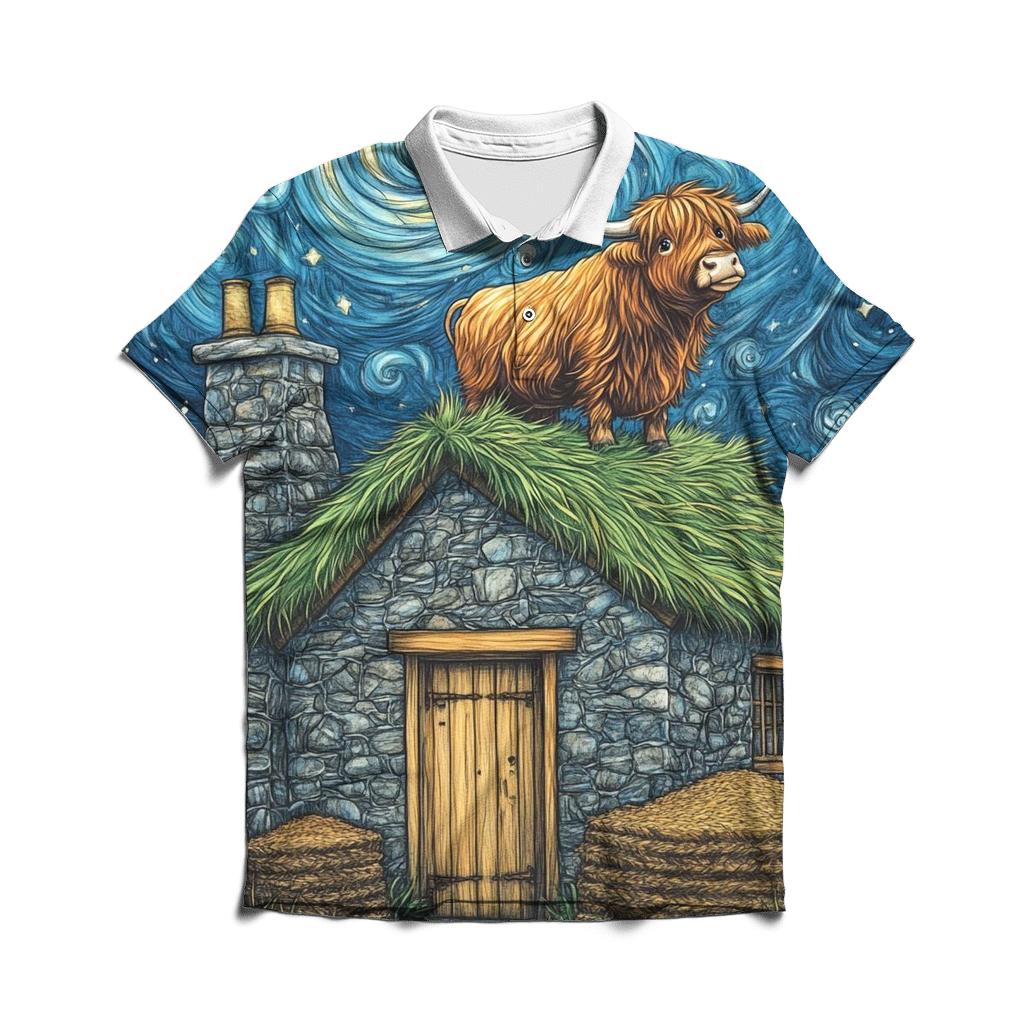 Highland Cow Stargazer On Crofthouse Roof stylish collar polo tees