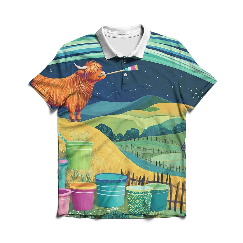 Highland Cow Painter Of The Aurora Skies premium cotton polo shirts