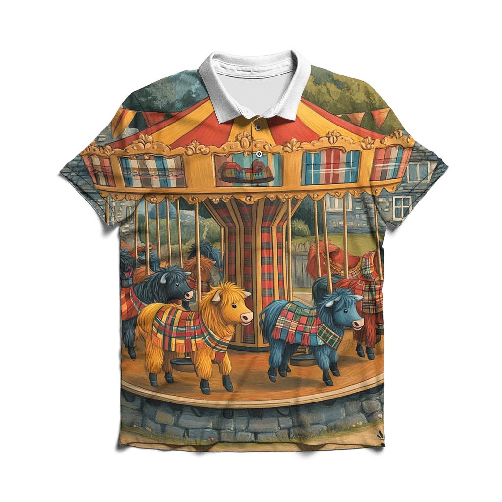 Village Fairground Highland Cow Carousel branded logo polo shirts